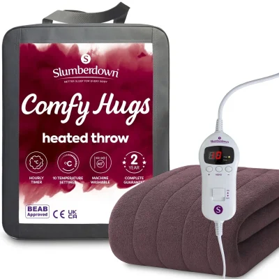 Slumberdown Comfy Heated Throw Fleece Electric Blanket 130×160cm Plum, 10 Heat Settings & Timer