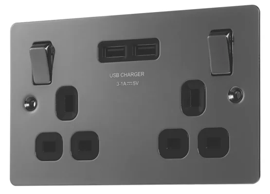 LAP 13A 2-Gang SP Switched Socket with 3.1A 15.5W 2-Port USB Charger Black Nickel