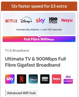 Sky Ultimate TV & 900Mbps Full Fibre Broadband with Netflix, Disney+ & HBO Max