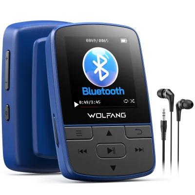 WOLFANG MP3 Player Bluetooth 5.2 with Sports Clip, FM Radio & Voice Recorder (Blue/Orange)