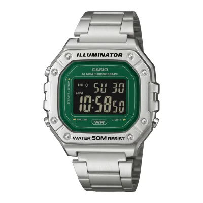 Casio Illuminator Green Face Stainless Steel Series Watch W-218HD-3AV