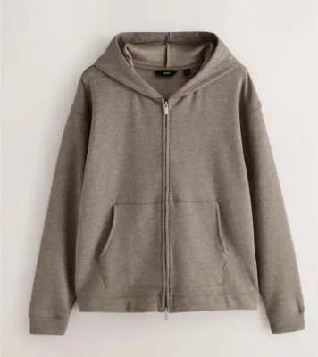 Next Men's Stone Neutral Velour Lined Zip Through Hoodie, Stone, Sizes S-2XL