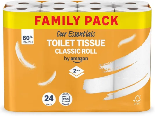 Our Essentials by Amazon Toilet Tissue Classic Roll 2-Ply 24 Rolls (200 Sheets per Roll)