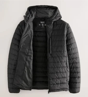 Next Men's Shower Resistant Lightweight Hooded Puffer Coat Jacket, Black/Navy