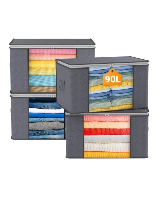 90L Clothes Storage Boxes with Lids 4 Pack Dark Grey