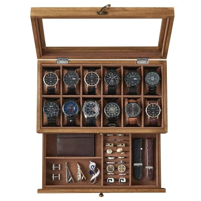 SONGMICS 12-Slot 2-Tier Wooden Watch Box with Glass Lid, Rustic Walnut Colour