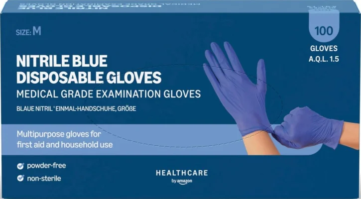Amazon Blue Disposable Nitrile Gloves, Powder-Free, Latex-Free, Pack of 100, All Sizes