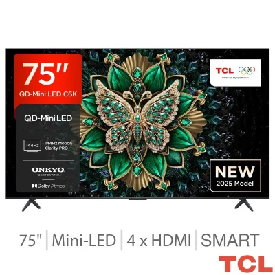 TCL 75C6K 75" Mini LED 144Hz Smart TV with ONKYO 2.1 Hi-Fi, Dolby Atmos, DTS Virtual-X