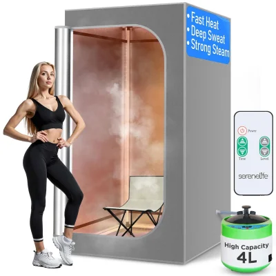 SereneLife Portable 1-Person Steam Sauna Tent with Remote, Heated Foot Pad & Chair - Grey