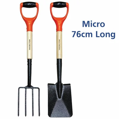 VORX Shovel & Garden Fork Set Micro 76cm Long Wooden Shaft Hardened Fork Heads Blades
