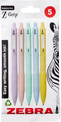 Zebra Z-GRIP Smooth Ballpoint Pens 5 Pack Black Ink Pastel Barrel 1mm Medium Retractable
