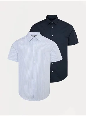 George Men's 2 Pack Short Sleeve Shirts Sizes 14.5-19 (Navy & Striped/Blue Check & Plain)