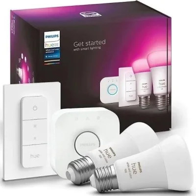 Philips Hue White & Colour Ambiance LED Starter Kit E27 Refurbished (Hub, 2 Bulbs, Dimmer)