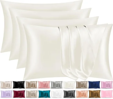 Pamposh Satin Silk Pillowcases 4 Pack Standard Size Envelope Closure 50 x 75 cm Ivory White
