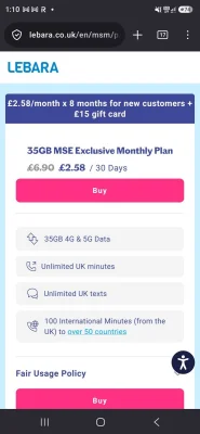 Lebara SIM Plan £2.58/Month x 8 Months + £15 Gift Card