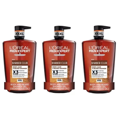 3 x L'Oréal Paris Men Expert Barber Club 3-in-1 Shower Gel Body Wash XXXL 1L Pump