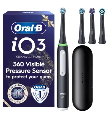 Oral-B iO3 Electric Toothbrush Christmas Edition Black with 4 Brush Heads & Travel Case